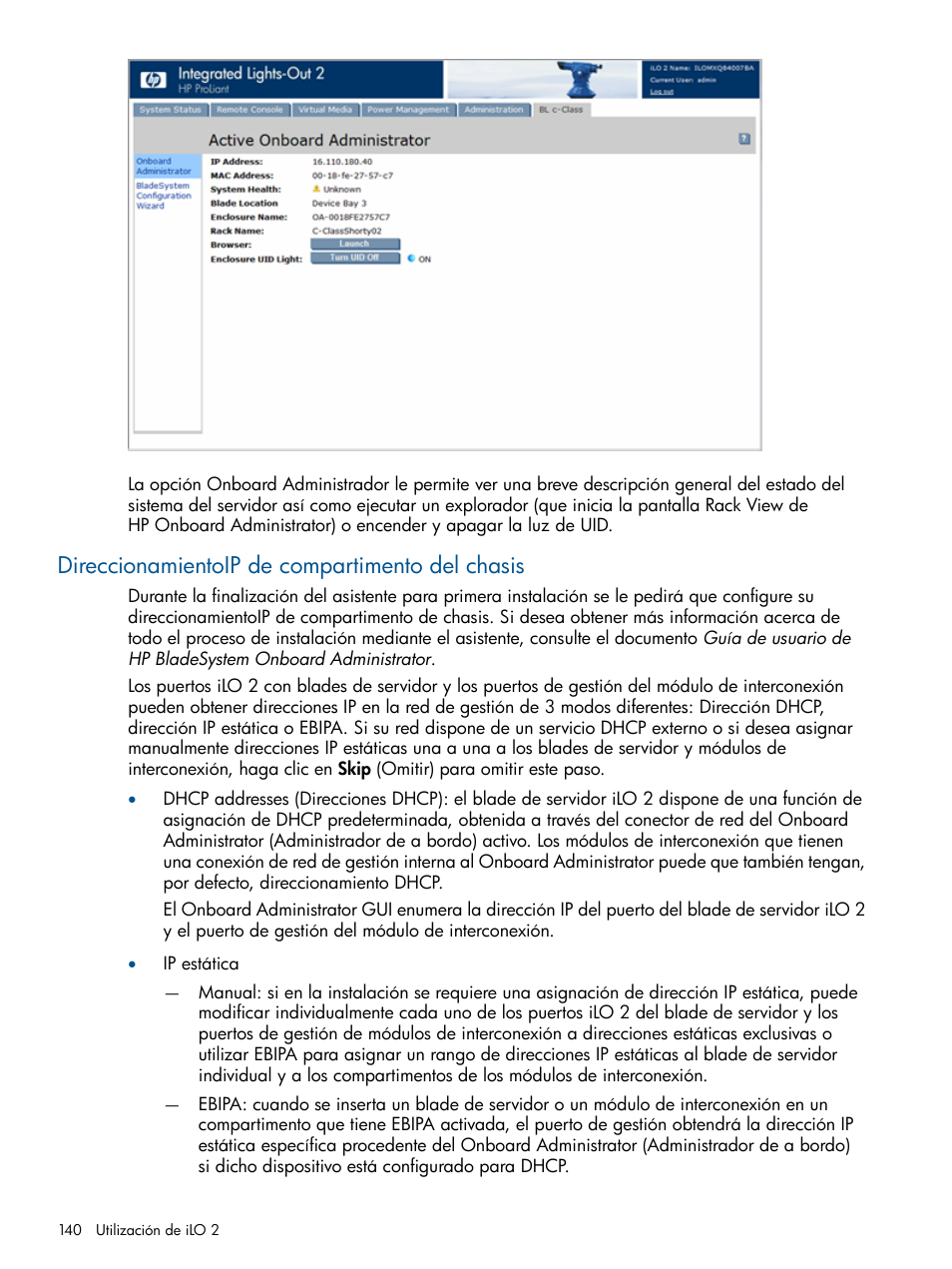 Direccionamientoip de compartimento del chasis | HP Integrated Lights-Out 2 User Manual | Page 140 / 250