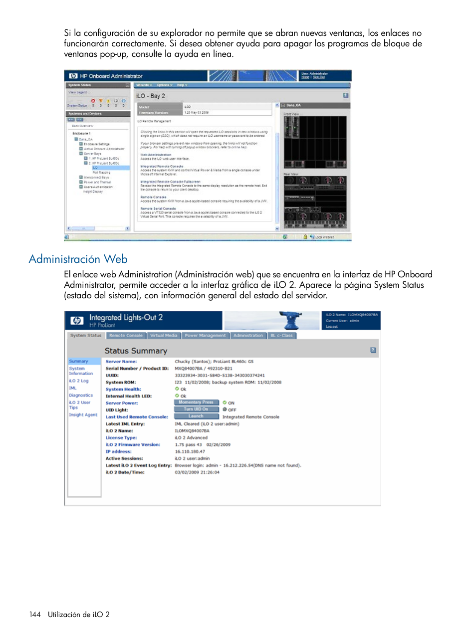 Administración web | HP Integrated Lights-Out 2 User Manual | Page 144 / 250