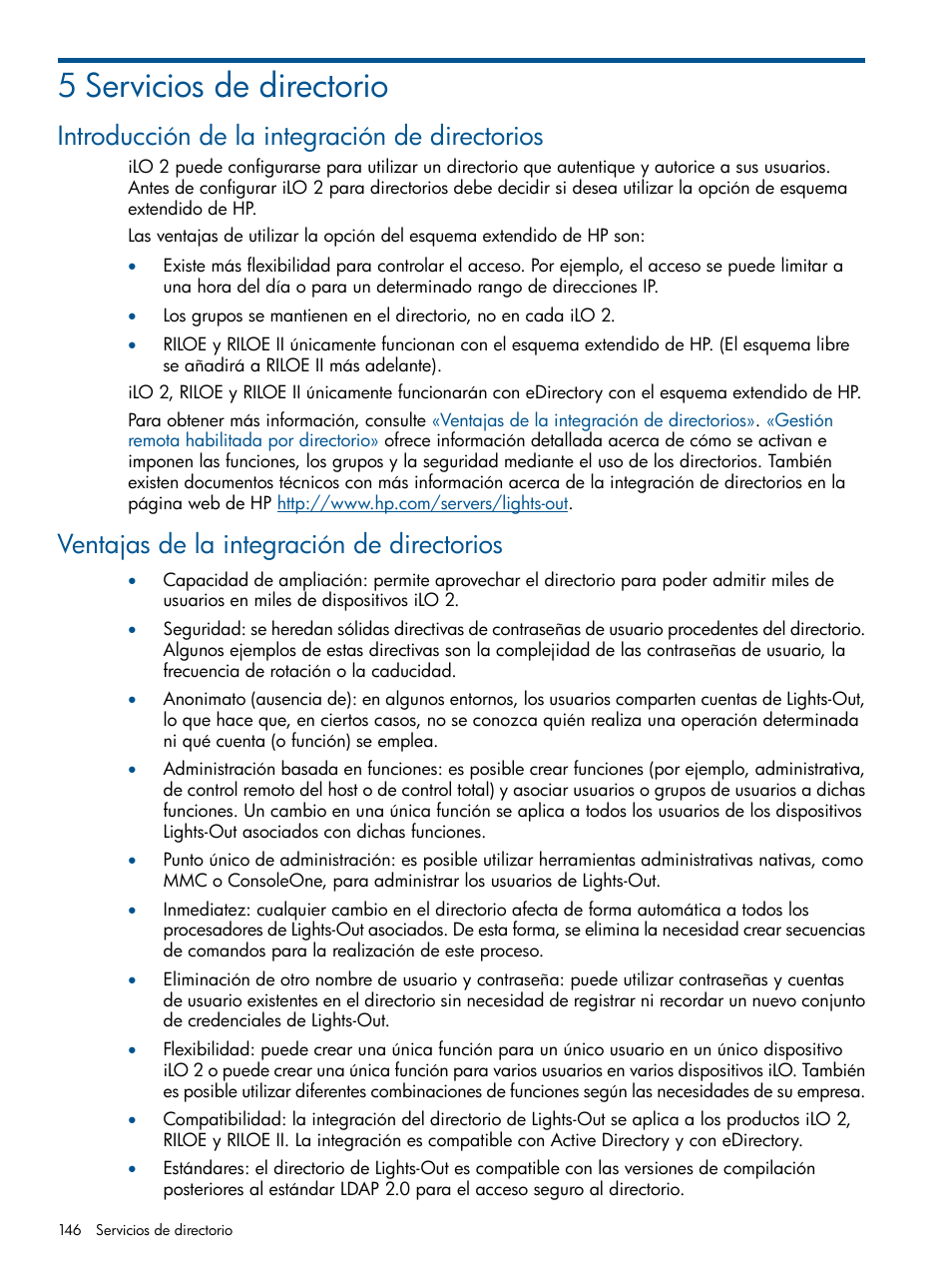 5 servicios de directorio, Introducción de la integración de directorios, Ventajas de la integración de directorios | Capítulo 5, «servicios de directorio | HP Integrated Lights-Out 2 User Manual | Page 146 / 250