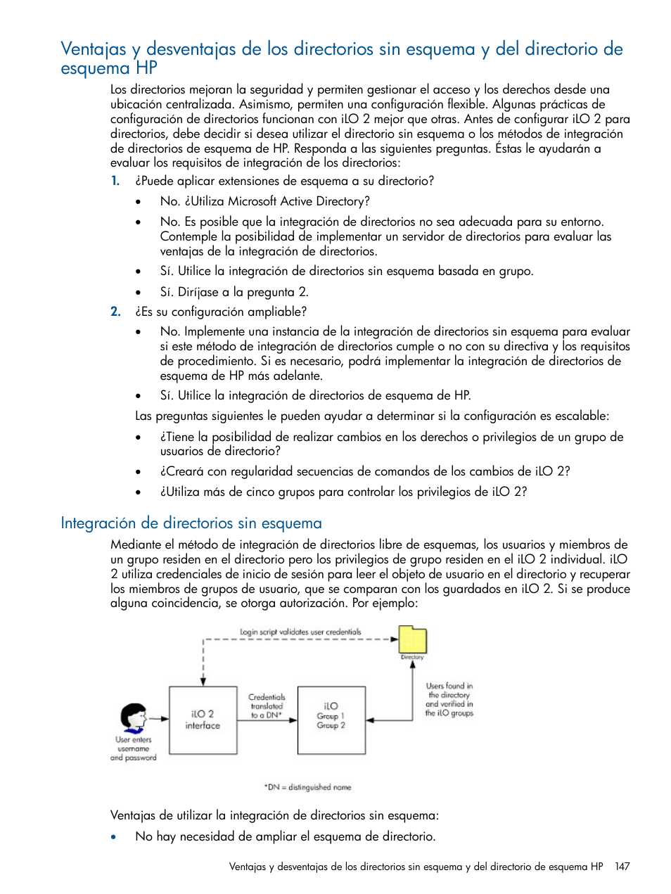 Integración de directorios sin esquema | HP Integrated Lights-Out 2 User Manual | Page 147 / 250