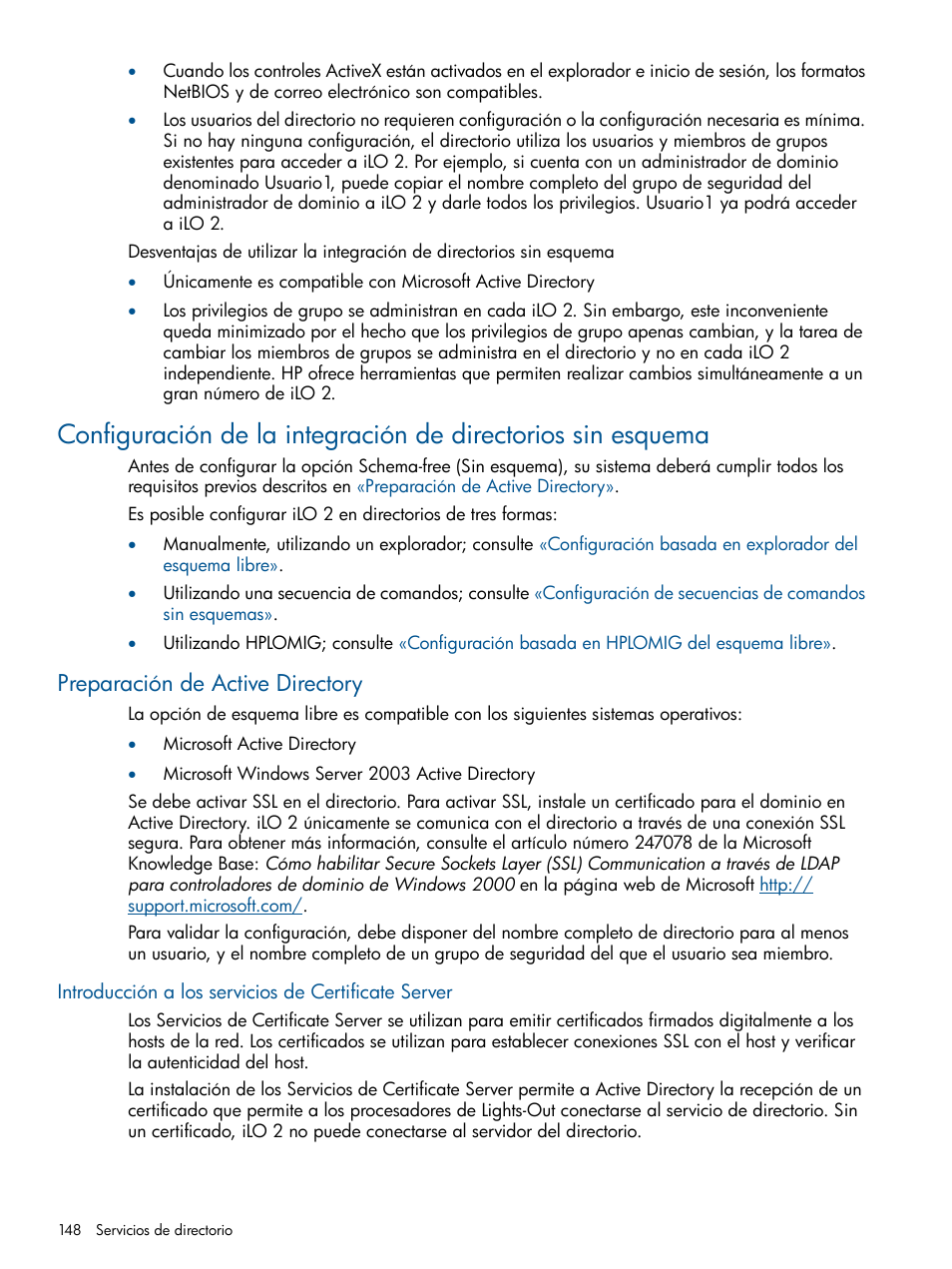 Preparación de active directory, Introducción a los servicios de certificate server, Configuración | De la integración de directorios sin esquema | HP Integrated Lights-Out 2 User Manual | Page 148 / 250