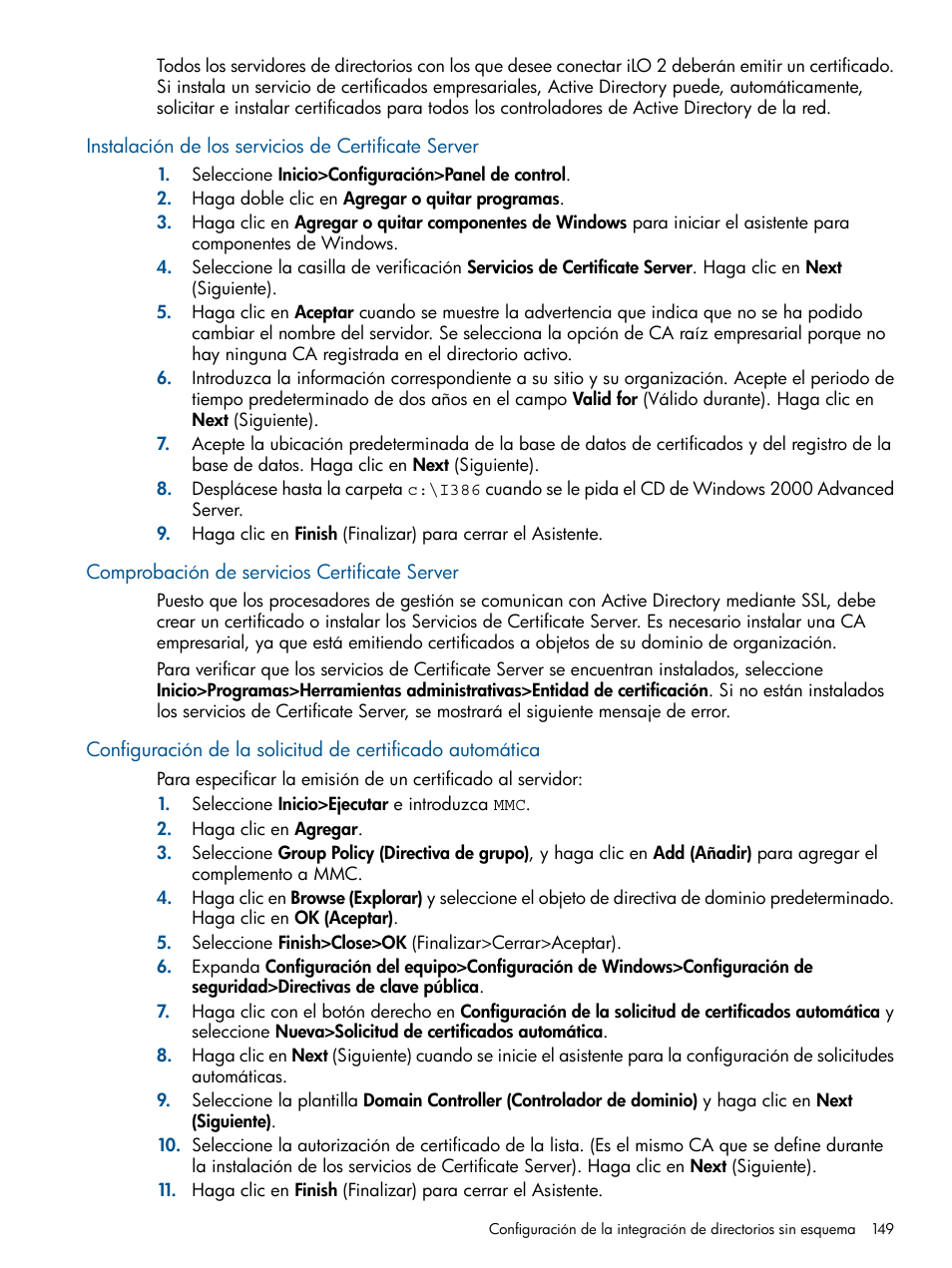 Instalación de los servicios de certificate server, Comprobación de servicios certificate server | HP Integrated Lights-Out 2 User Manual | Page 149 / 250