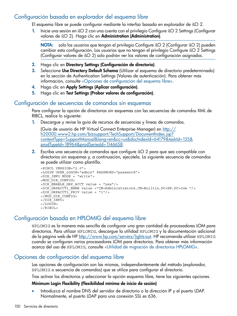 Configuración basada en hplomig del esquema libre, Opciones de configuración del esquema libre, Configuración basada en explorador del | Esquema libre, Configuración de secuencias de comandos, Sin esquemas | HP Integrated Lights-Out 2 User Manual | Page 150 / 250