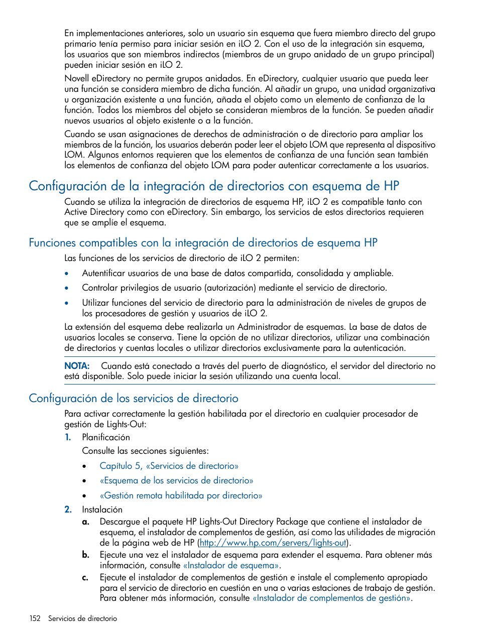 Configuración de los servicios de directorio, Configuración, De la integración de directorios con esquema de hp | HP Integrated Lights-Out 2 User Manual | Page 152 / 250