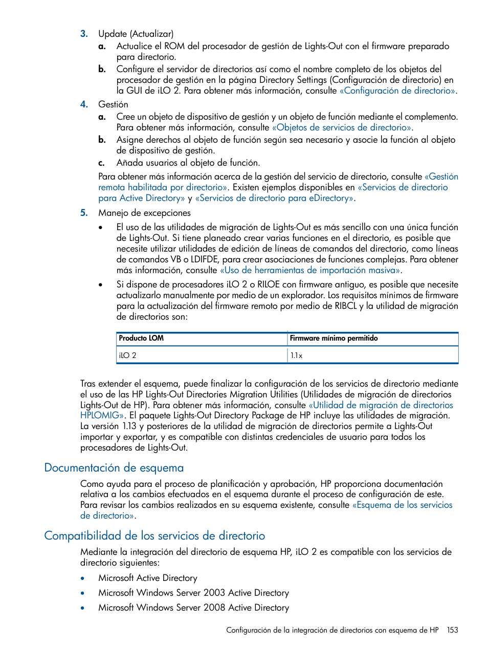 Documentación de esquema, Compatibilidad de los servicios de directorio | HP Integrated Lights-Out 2 User Manual | Page 153 / 250