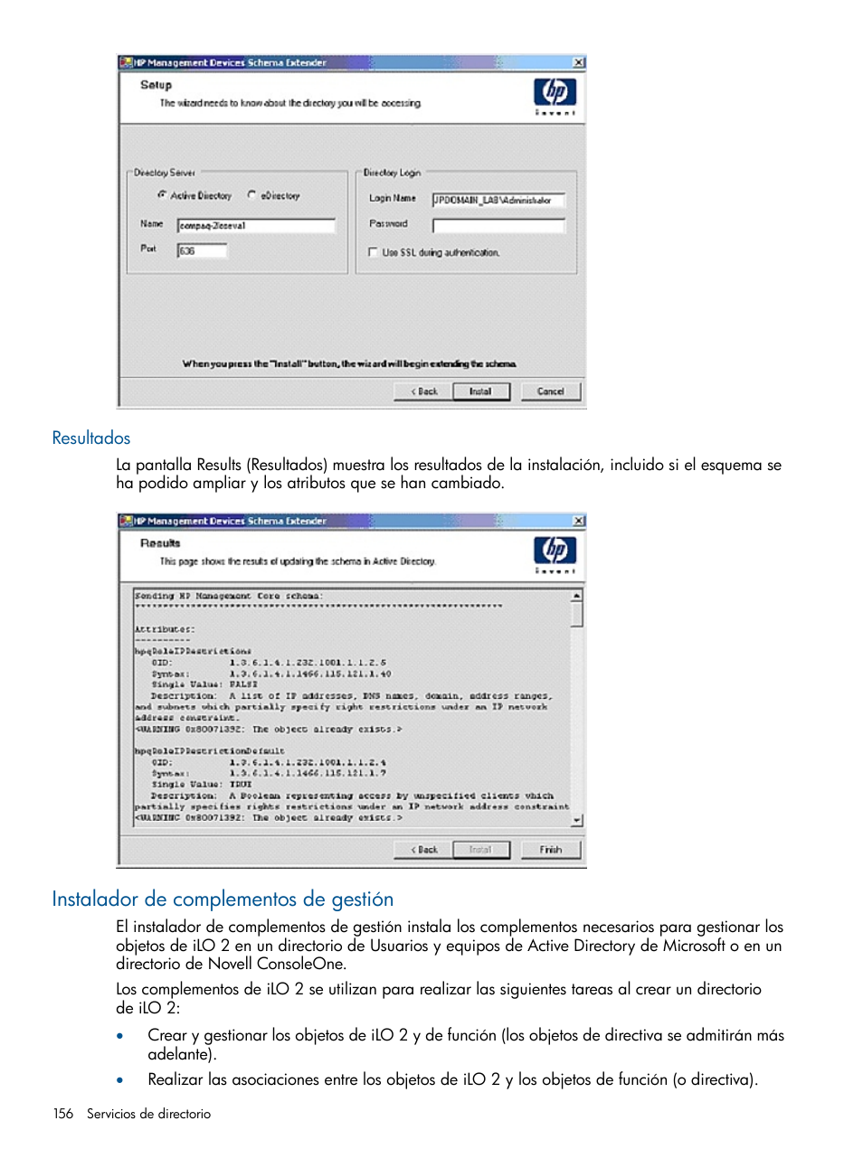 Resultados, Instalador de complementos de gestión | HP Integrated Lights-Out 2 User Manual | Page 156 / 250