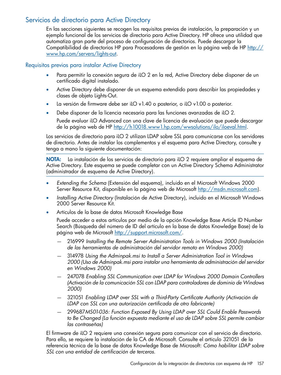 Servicios de directorio para active directory, Requisitos previos para instalar active directory, Servicios de directorio | Para active directory | HP Integrated Lights-Out 2 User Manual | Page 157 / 250