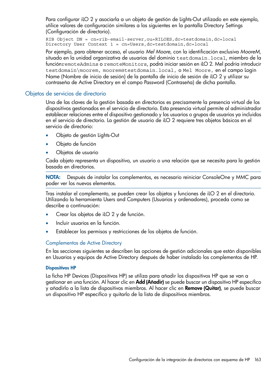 Objetos de servicios de directorio, Complementos de active directory, Dispositivos hp | HP Integrated Lights-Out 2 User Manual | Page 163 / 250