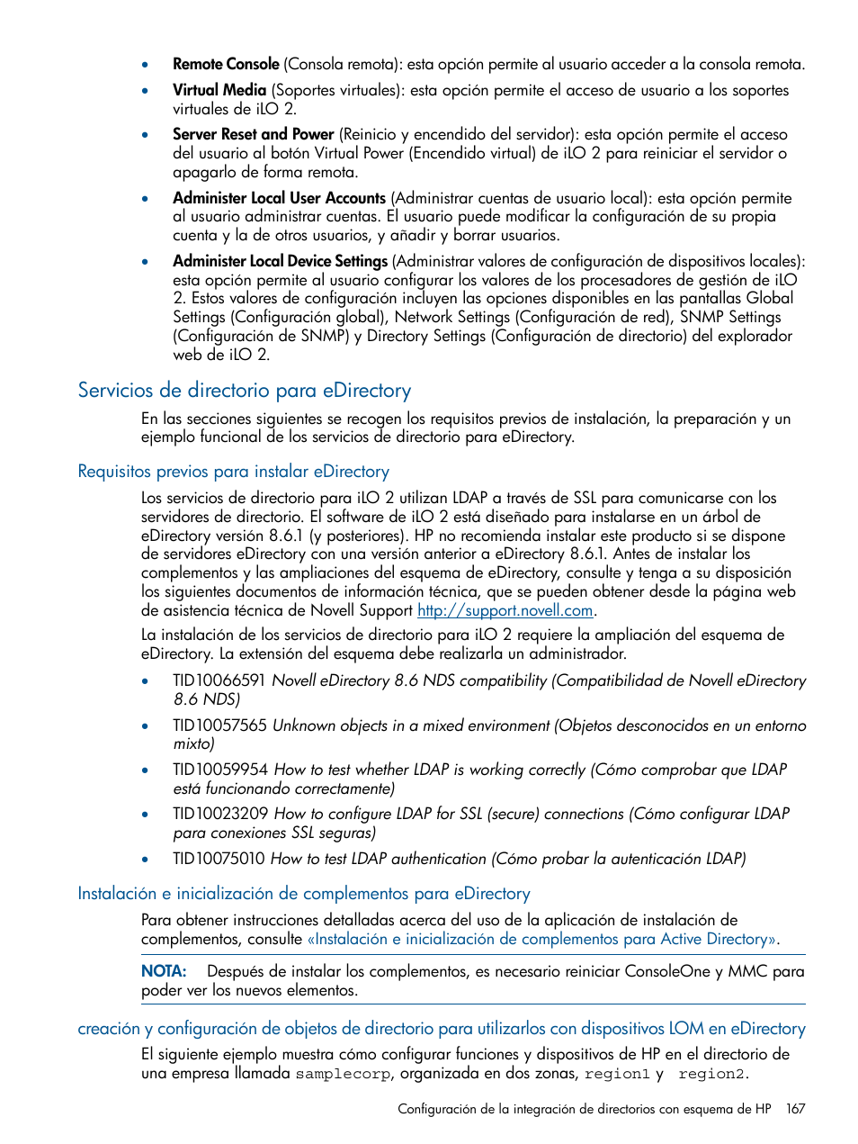 Servicios de directorio para edirectory, Requisitos previos para instalar edirectory | HP Integrated Lights-Out 2 User Manual | Page 167 / 250