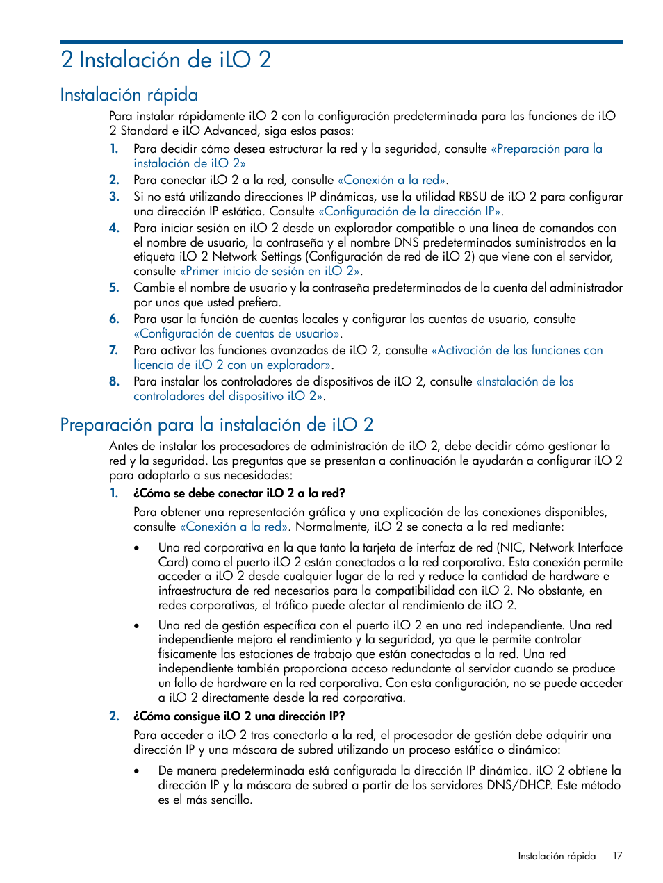 2 instalación de ilo 2, Instalación rápida, Preparación para la instalación de ilo 2 | Capítulo 2, «instalación de ilo 2 | HP Integrated Lights-Out 2 User Manual | Page 17 / 250