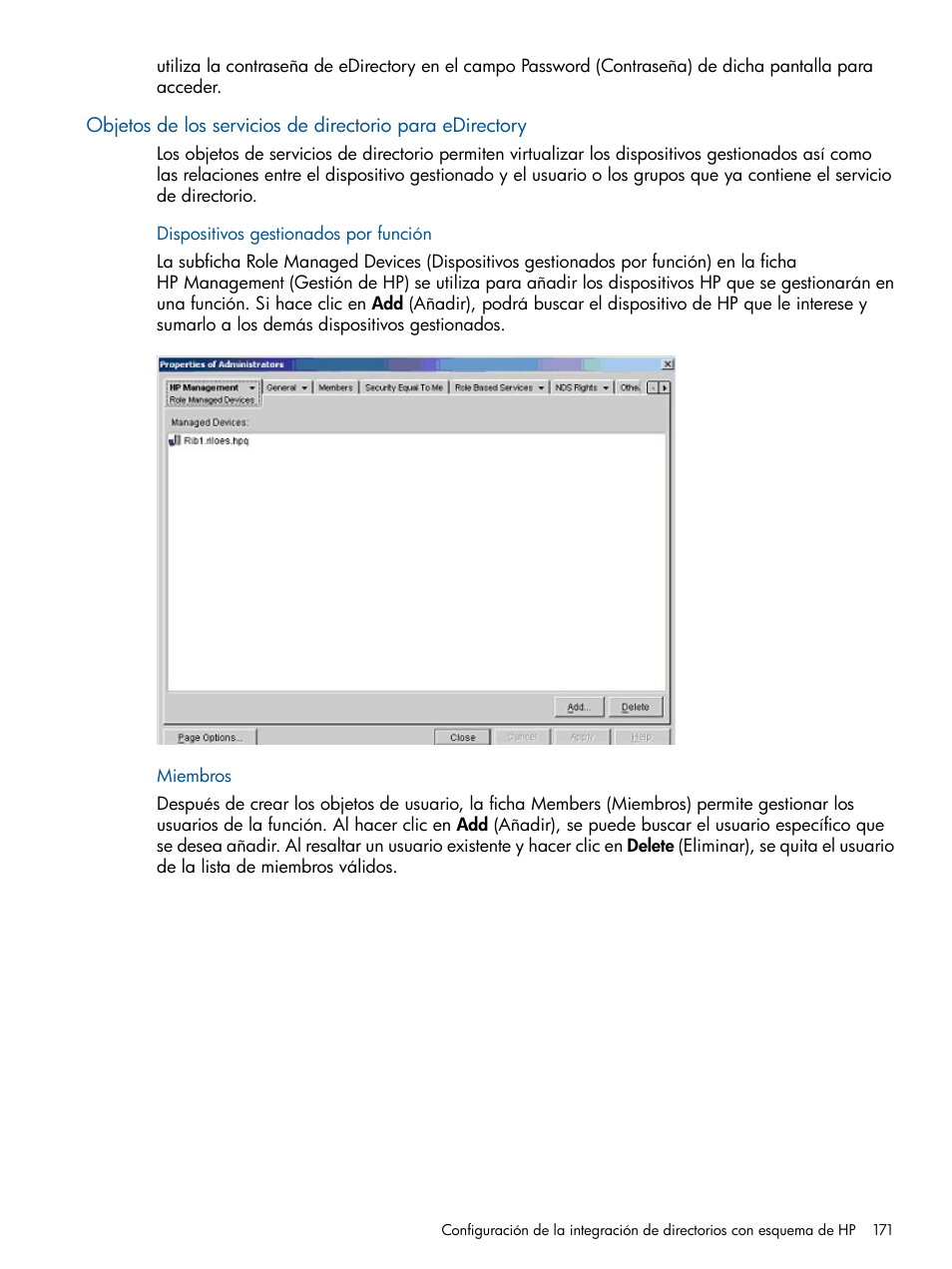 Dispositivos gestionados por función, Miembros, Dispositivos gestionados por función miembros | HP Integrated Lights-Out 2 User Manual | Page 171 / 250