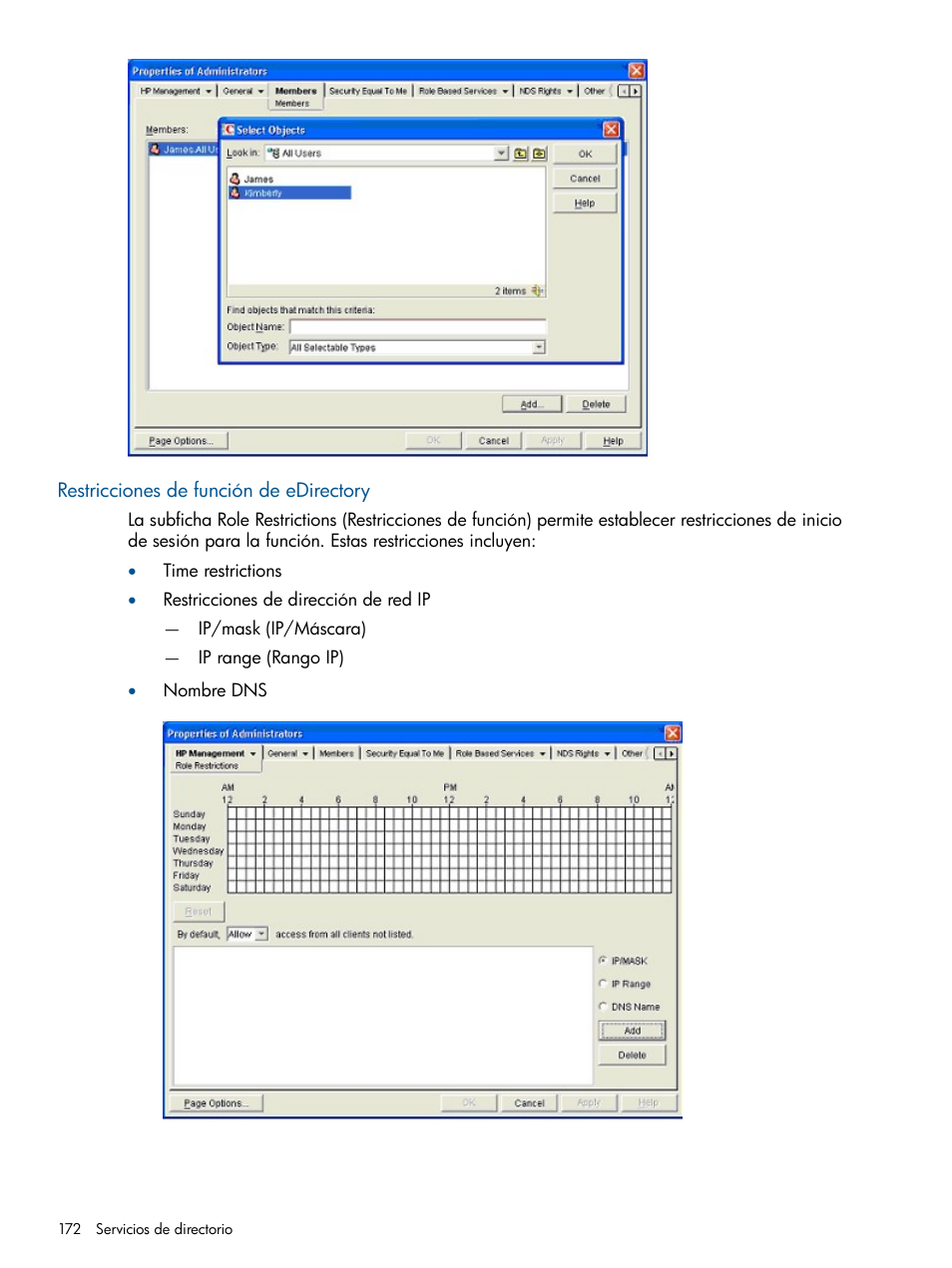 Restricciones de función de edirectory | HP Integrated Lights-Out 2 User Manual | Page 172 / 250