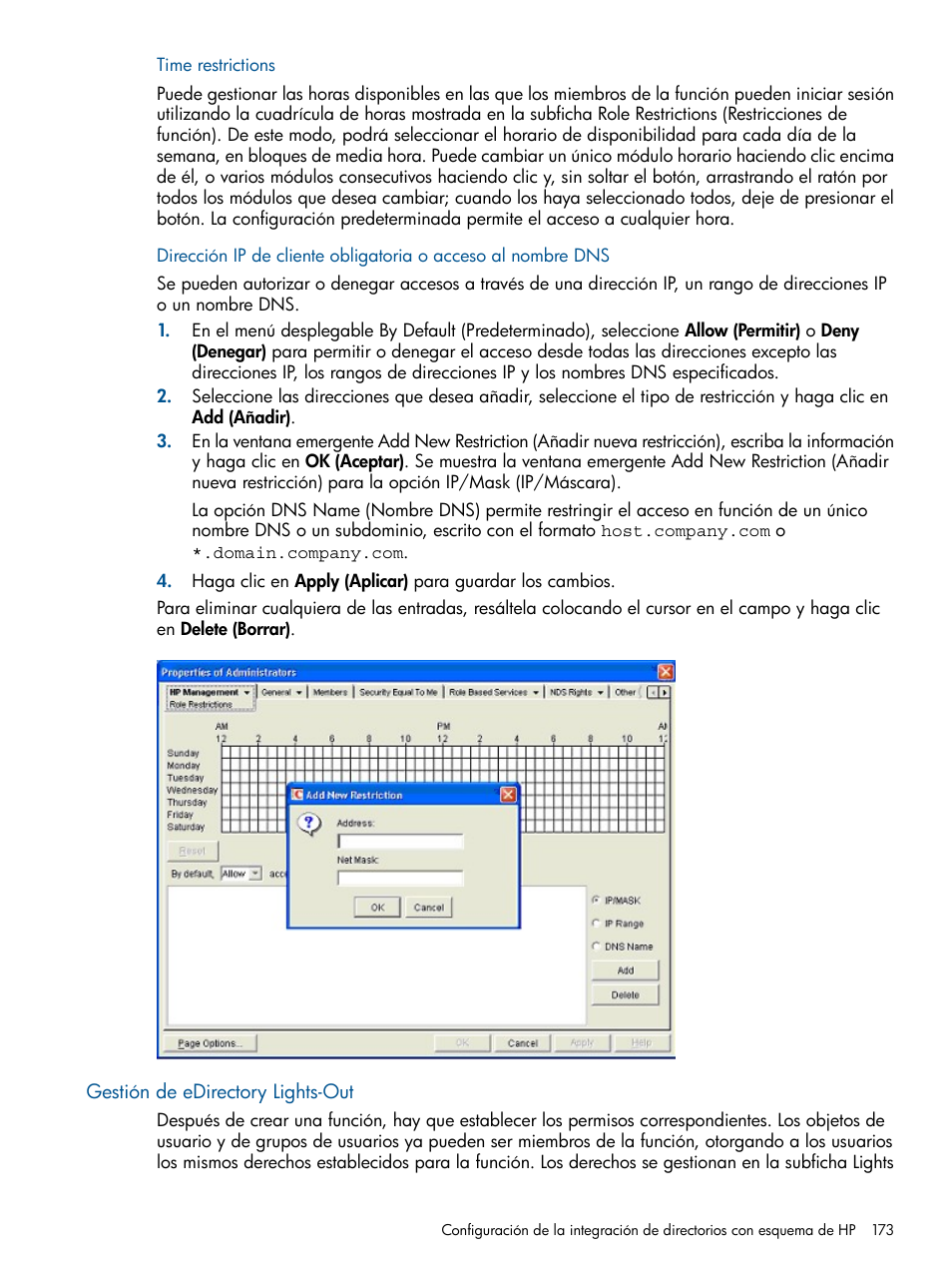 Time restrictions, Gestión de edirectory lights-out | HP Integrated Lights-Out 2 User Manual | Page 173 / 250