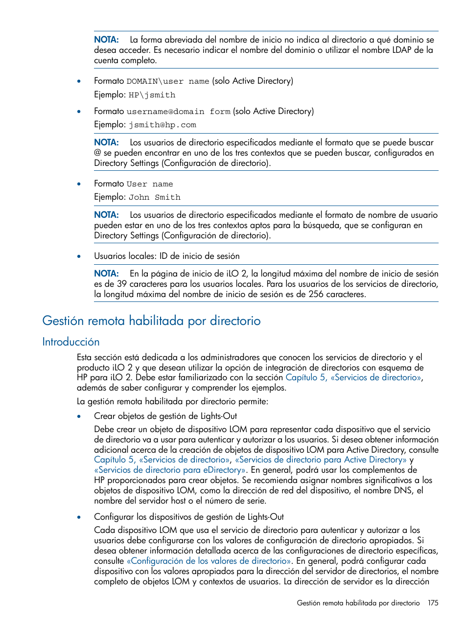 Gestión remota habilitada por directorio, Introducción, Gestión | Remota habilitada por directorio | HP Integrated Lights-Out 2 User Manual | Page 175 / 250