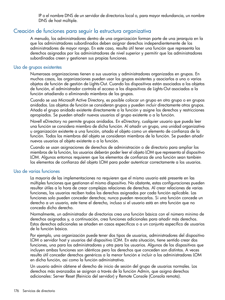 Uso de grupos existentes, Uso de varias funciones, Uso de grupos existentes uso de varias funciones | HP Integrated Lights-Out 2 User Manual | Page 176 / 250