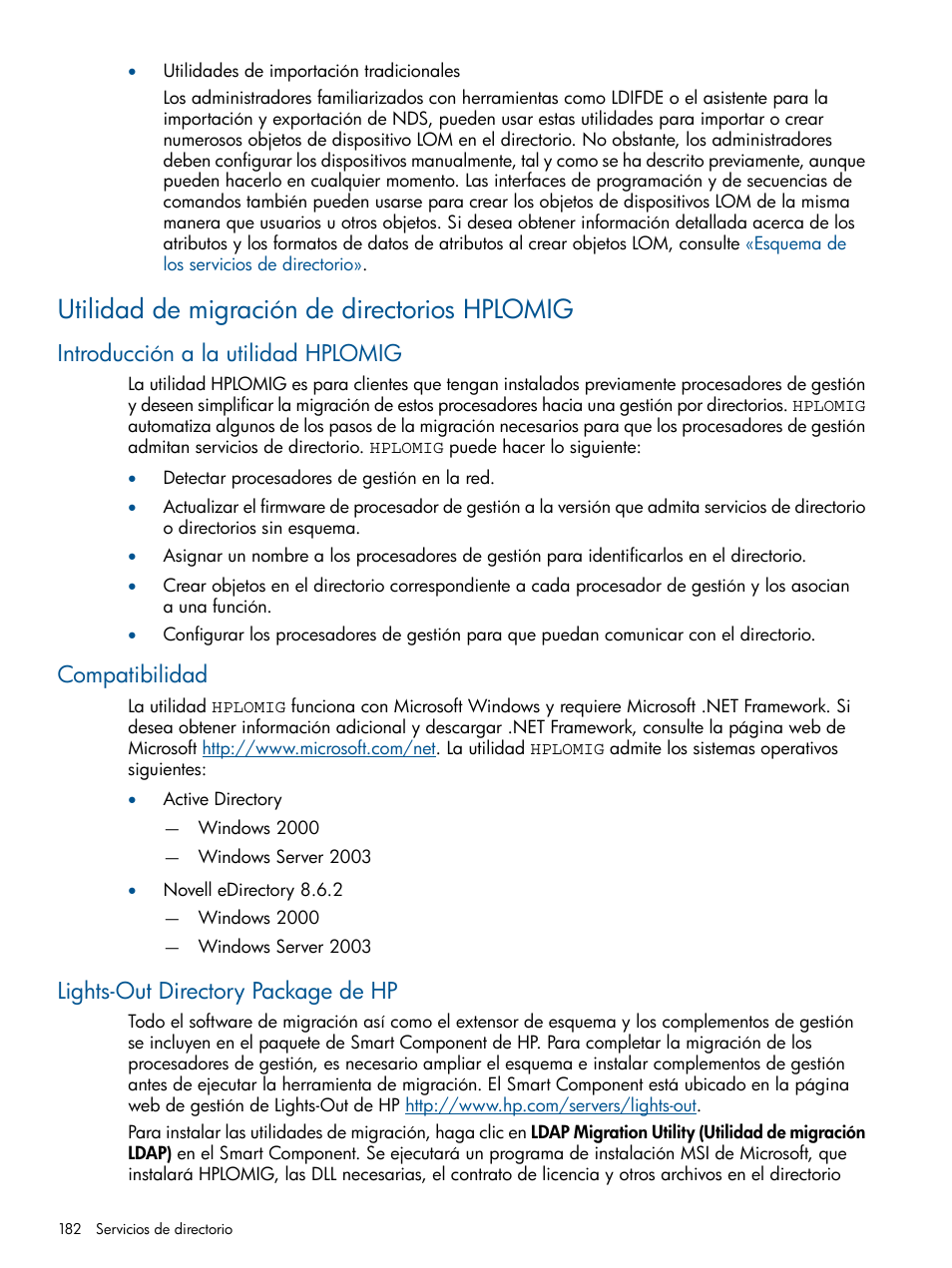 Utilidad de migración de directorios hplomig, Introducción a la utilidad hplomig, Compatibilidad | Lights-out directory package de hp, Utilidad de migración de directorios, Hplomig, Utilidad de, Migración de directorios hplomig | HP Integrated Lights-Out 2 User Manual | Page 182 / 250