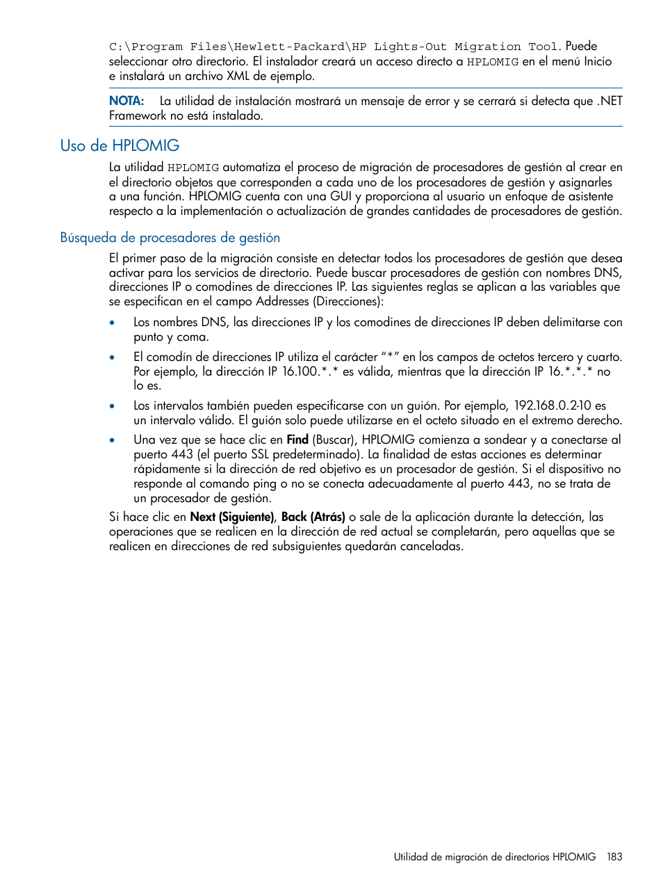 Uso de hplomig, Búsqueda de procesadores de gestión | HP Integrated Lights-Out 2 User Manual | Page 183 / 250