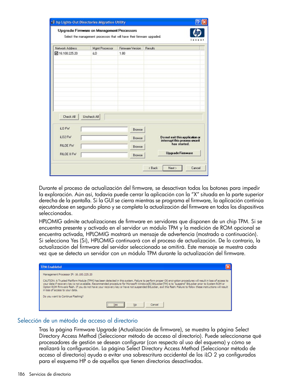 Selección de un método de acceso al directorio | HP Integrated Lights-Out 2 User Manual | Page 186 / 250