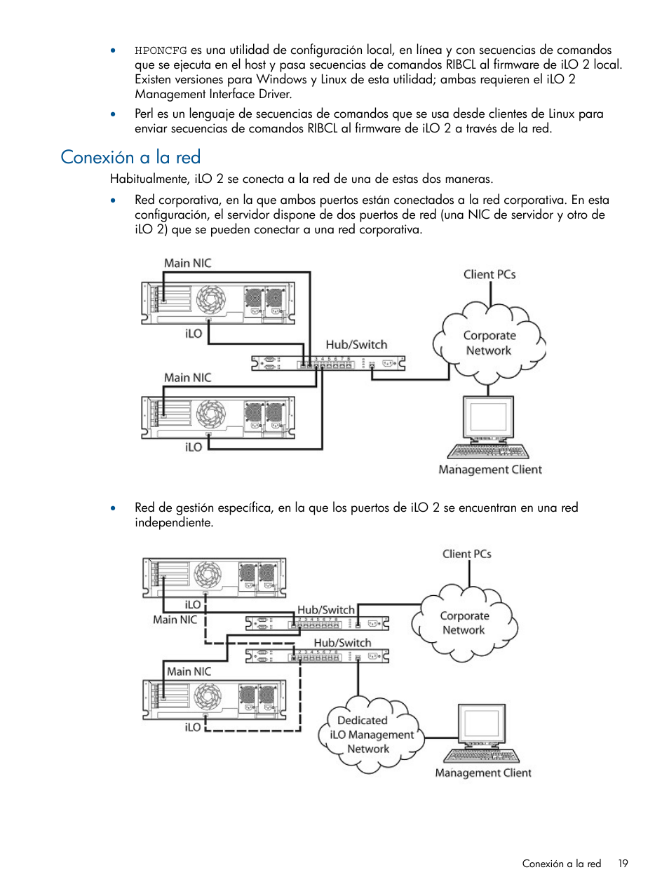 Conexión a la red | HP Integrated Lights-Out 2 User Manual | Page 19 / 250