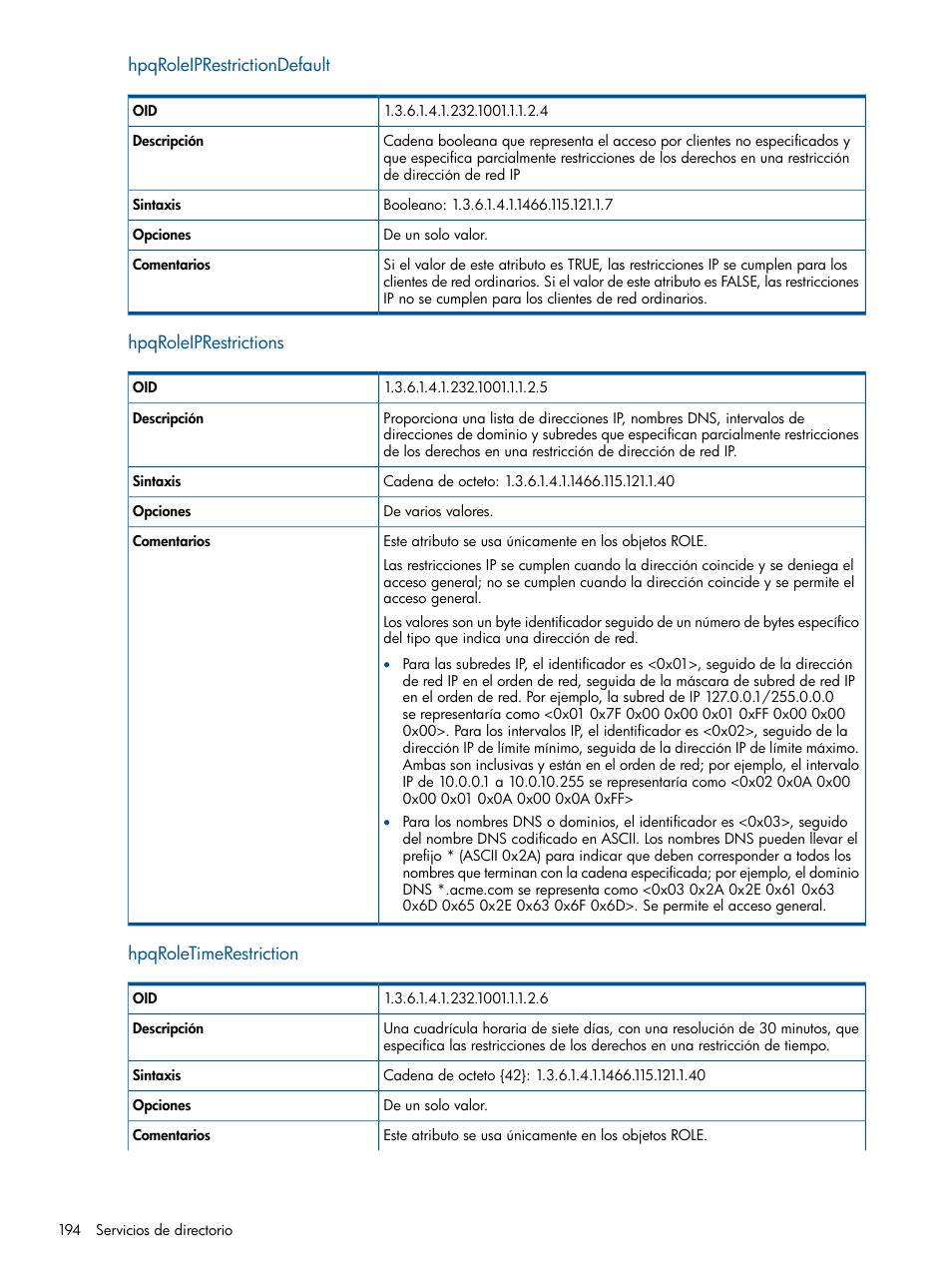 Hpqroleiprestrictiondefault, Hpqroleiprestrictions, Hpqroletimerestriction | HP Integrated Lights-Out 2 User Manual | Page 194 / 250