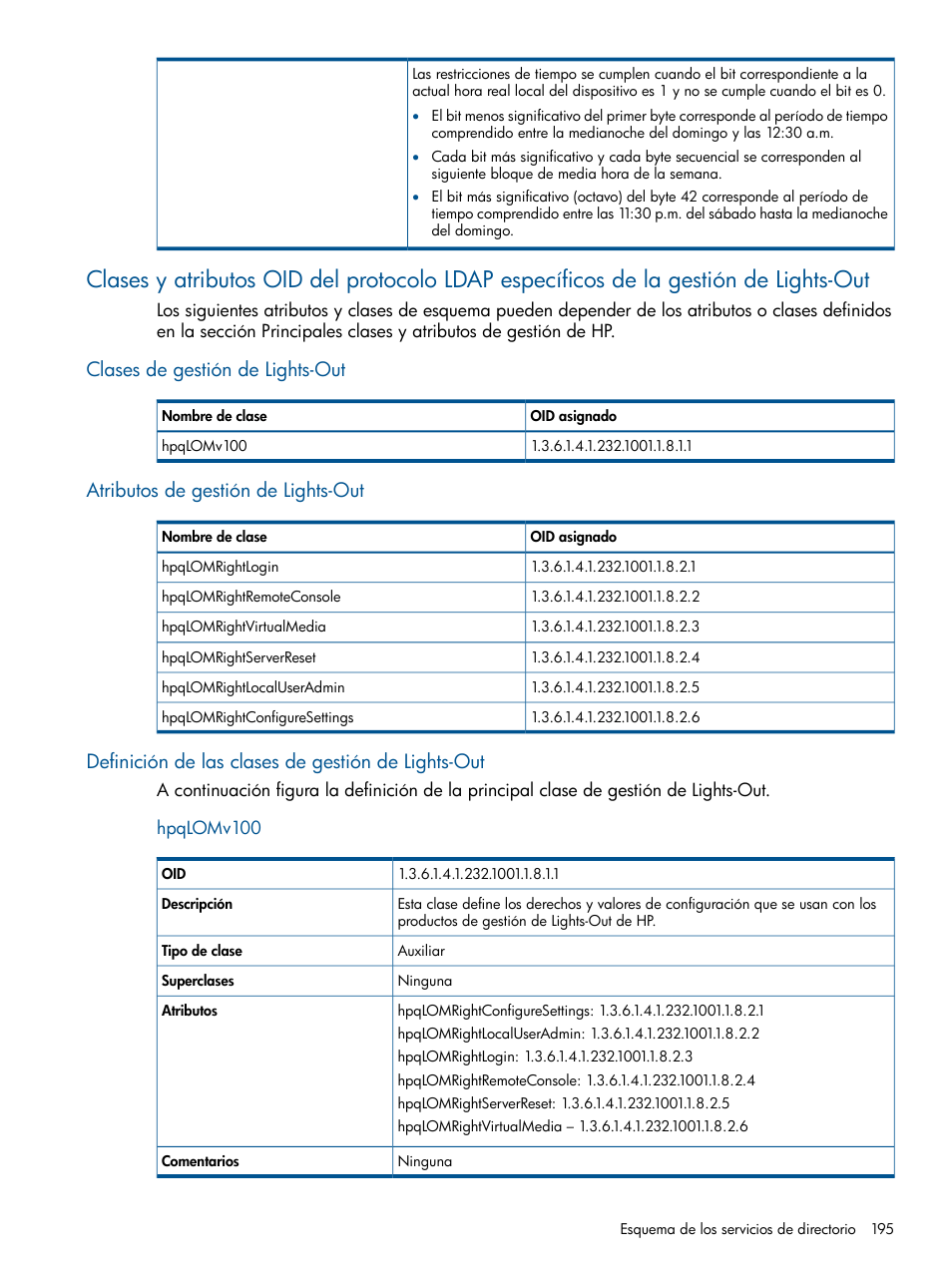 Clases de gestión de lights-out, Atributos de gestión de lights-out, Definición de las clases de gestión de lights-out | Hpqlomv100 | HP Integrated Lights-Out 2 User Manual | Page 195 / 250