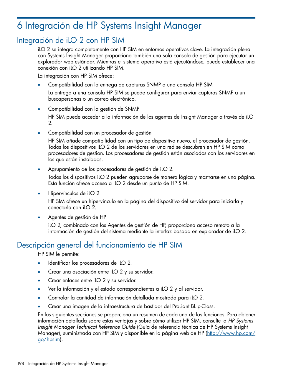 6 integración de hp systems insight manager, Integración de ilo 2 con hp sim, Descripción general del funcionamiento de hp sim | HP Integrated Lights-Out 2 User Manual | Page 198 / 250