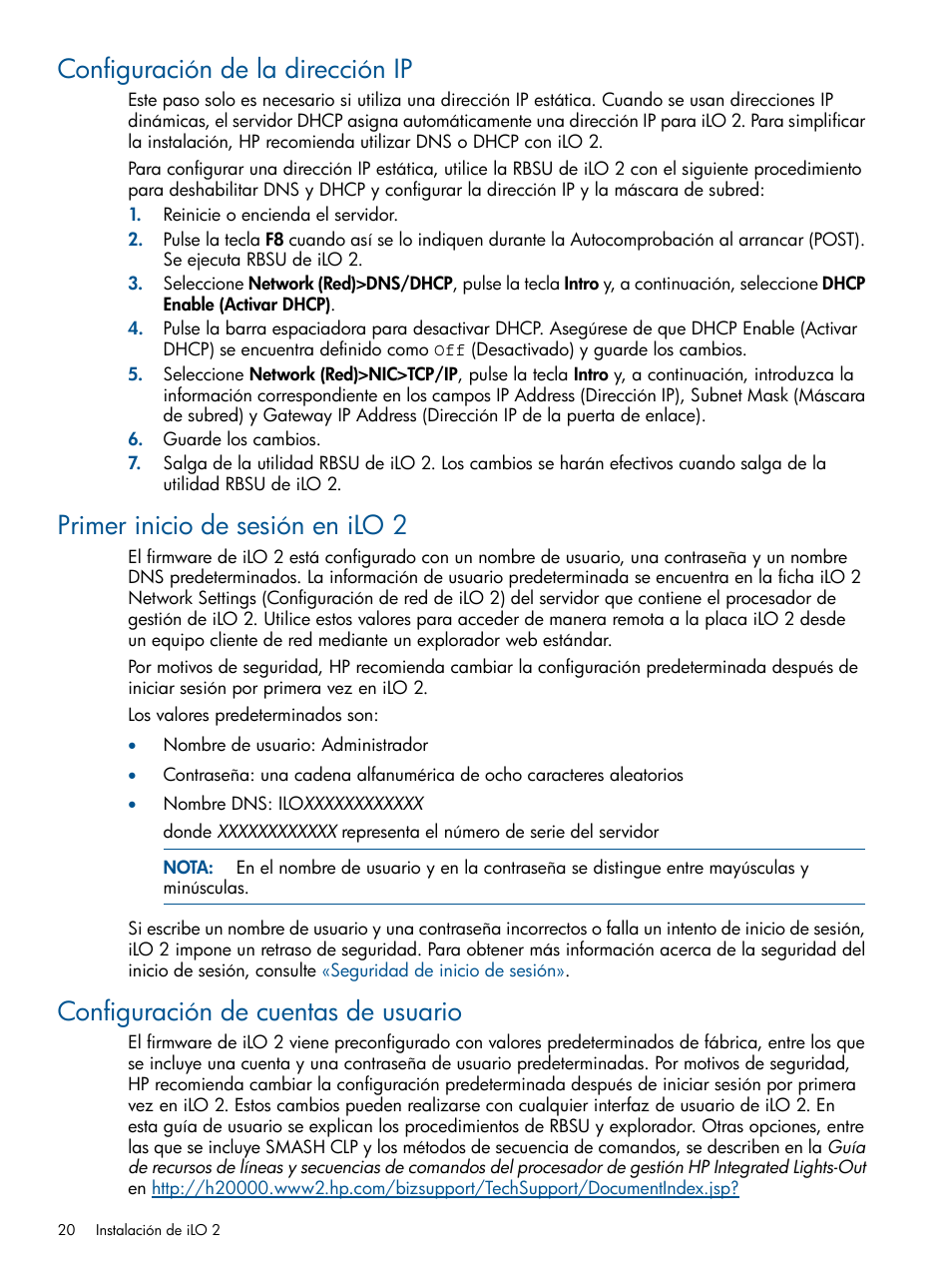 Configuración de la dirección ip, Primer inicio de sesión en ilo 2, Configuración de cuentas de usuario | HP Integrated Lights-Out 2 User Manual | Page 20 / 250