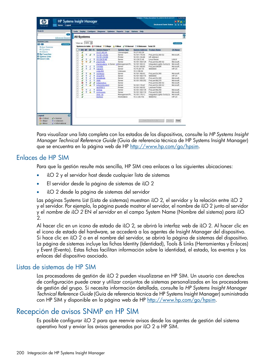 Enlaces de hp sim, Listas de sistemas de hp sim, Recepción de avisos snmp en hp sim | Enlaces de hp sim listas de sistemas de hp sim | HP Integrated Lights-Out 2 User Manual | Page 200 / 250