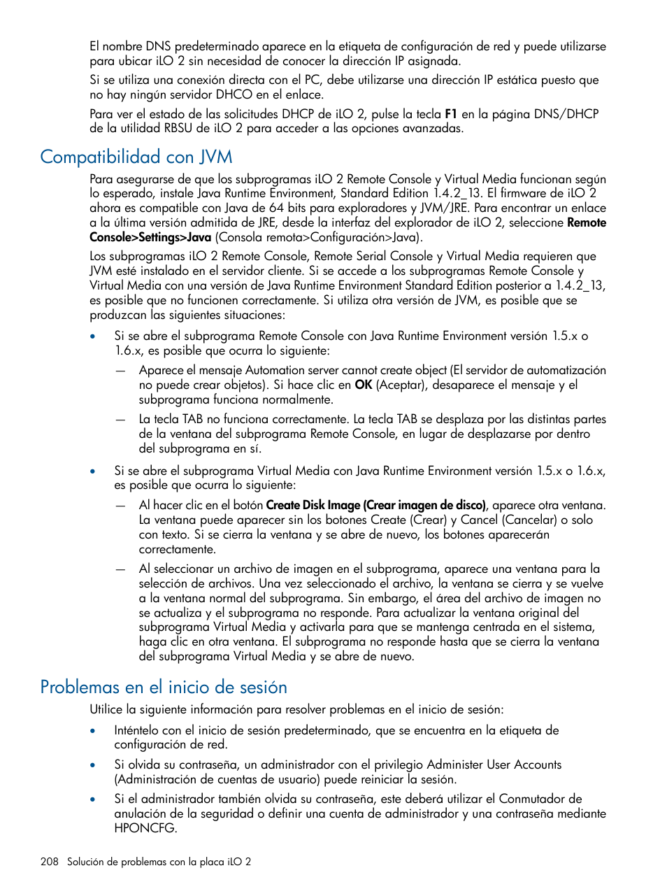 Compatibilidad con jvm, Problemas en el inicio de sesión | HP Integrated Lights-Out 2 User Manual | Page 208 / 250