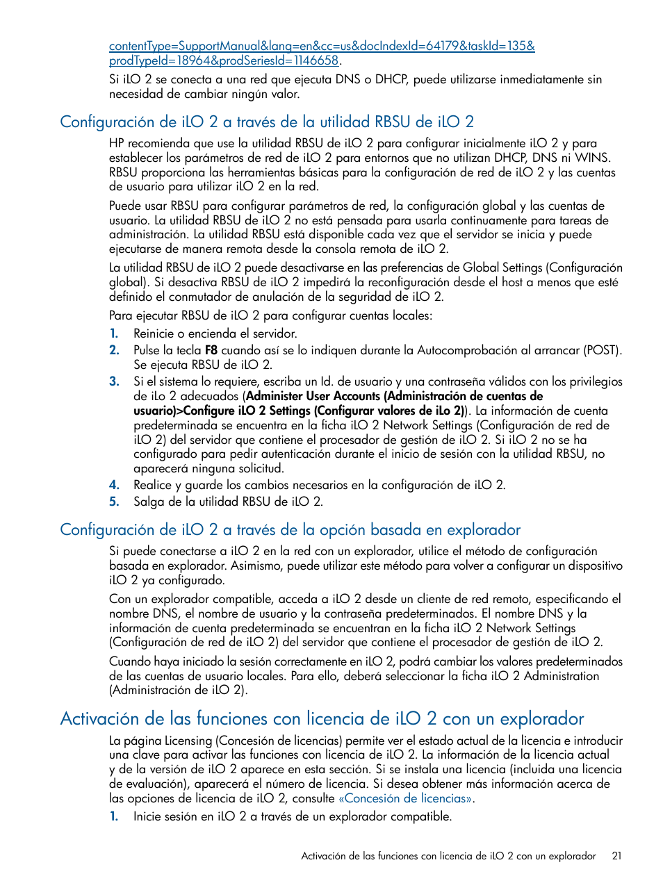 Activación de las funciones con, Licencia de ilo 2 con un explorador, Configuración de ilo 2 a través de la utilidad | Rbsu de ilo 2, Configuración | HP Integrated Lights-Out 2 User Manual | Page 21 / 250