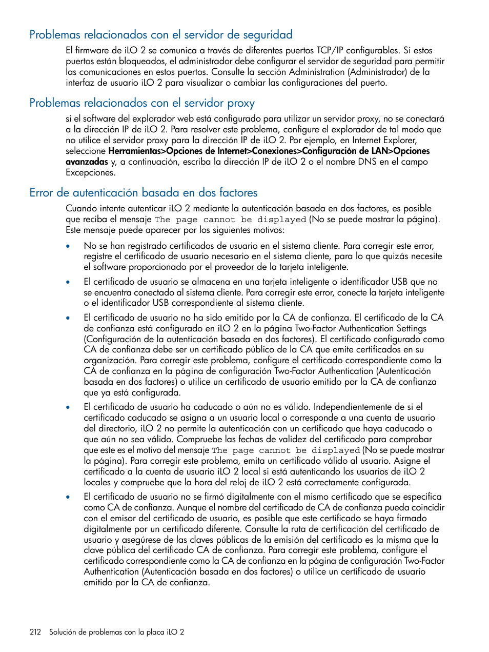 Problemas relacionados con el servidor proxy, Error de autenticación basada en dos factores | HP Integrated Lights-Out 2 User Manual | Page 212 / 250