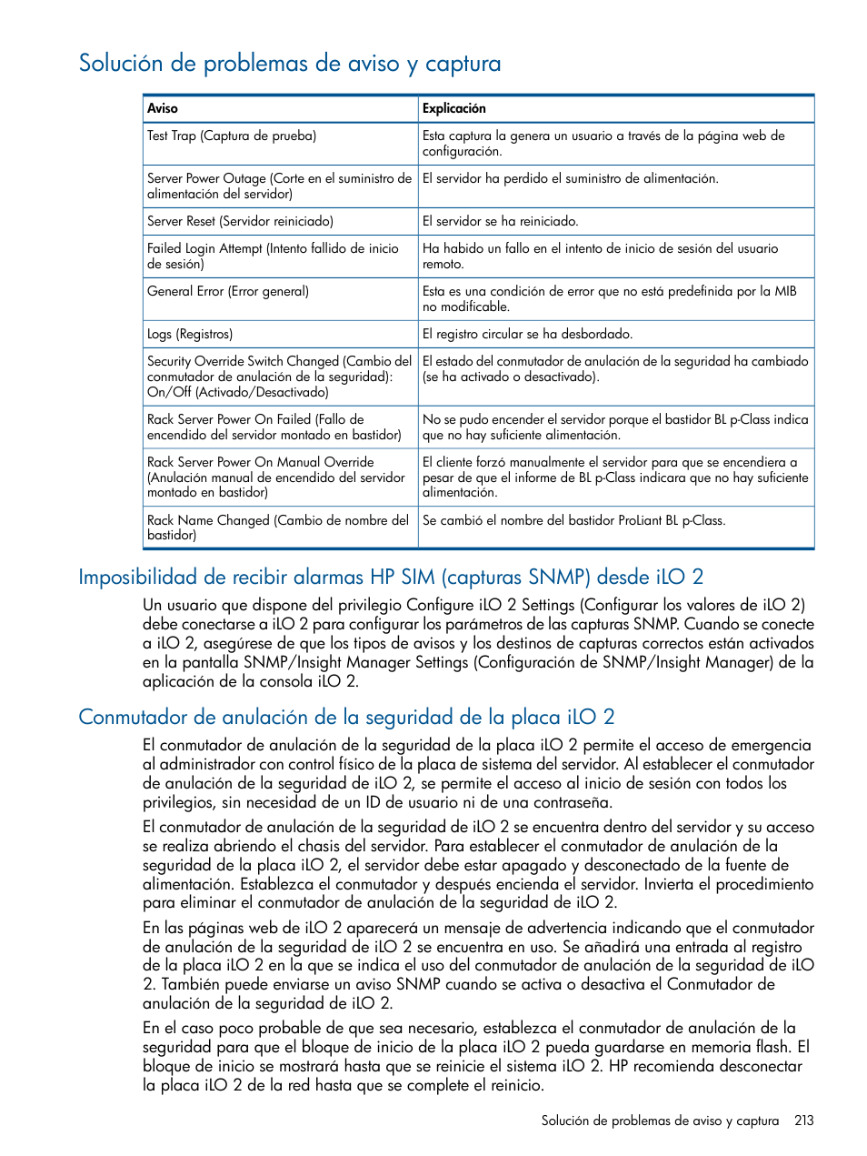 Solución de problemas de aviso y captura | HP Integrated Lights-Out 2 User Manual | Page 213 / 250