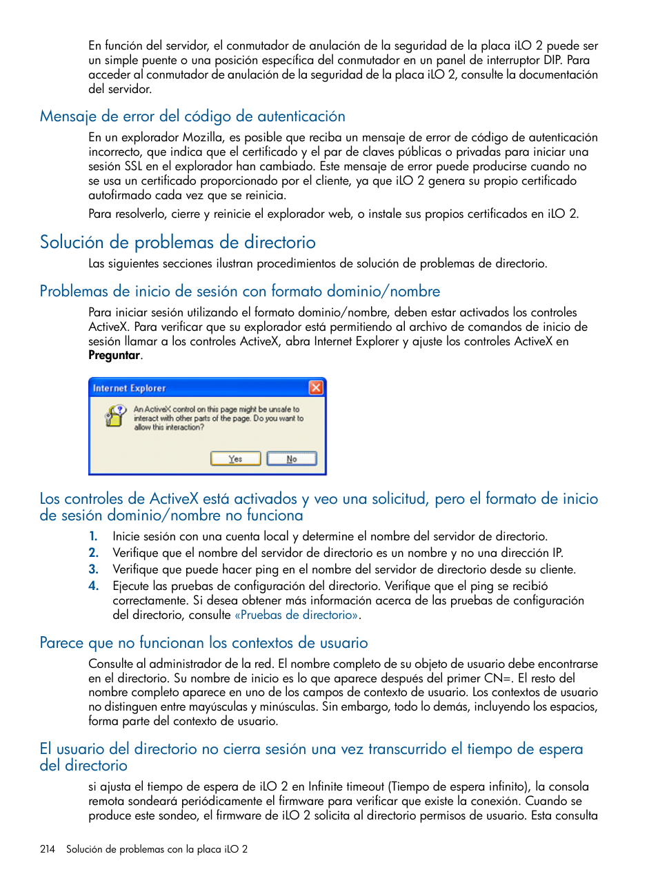 Mensaje de error del código de autenticación, Solución de problemas de directorio, Parece que no funcionan los contextos de usuario | HP Integrated Lights-Out 2 User Manual | Page 214 / 250