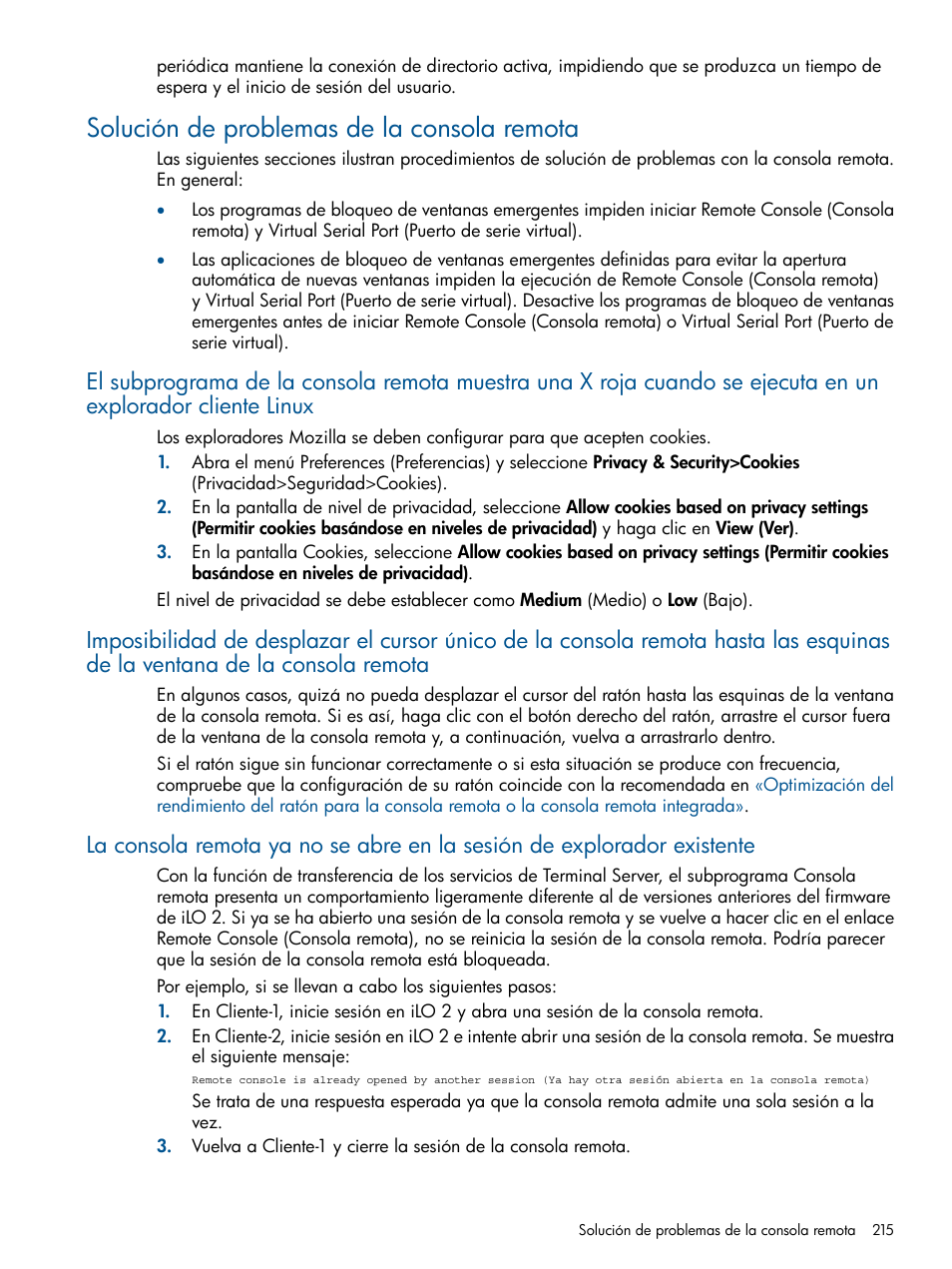 Solución de problemas de la consola remota | HP Integrated Lights-Out 2 User Manual | Page 215 / 250