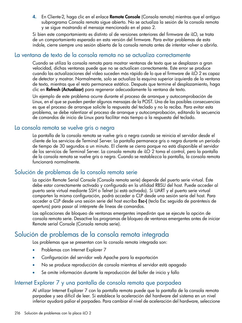 La consola remota se vuelve gris o negra, Solución de problemas de la consola remota serie | HP Integrated Lights-Out 2 User Manual | Page 216 / 250