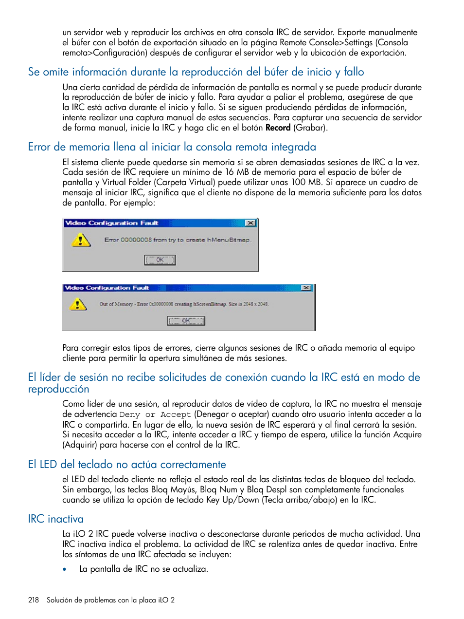 El led del teclado no actúa correctamente, Irc inactiva | HP Integrated Lights-Out 2 User Manual | Page 218 / 250