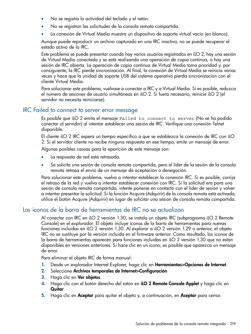 Irc failed to connect to server error message | HP Integrated Lights-Out 2 User Manual | Page 219 / 250