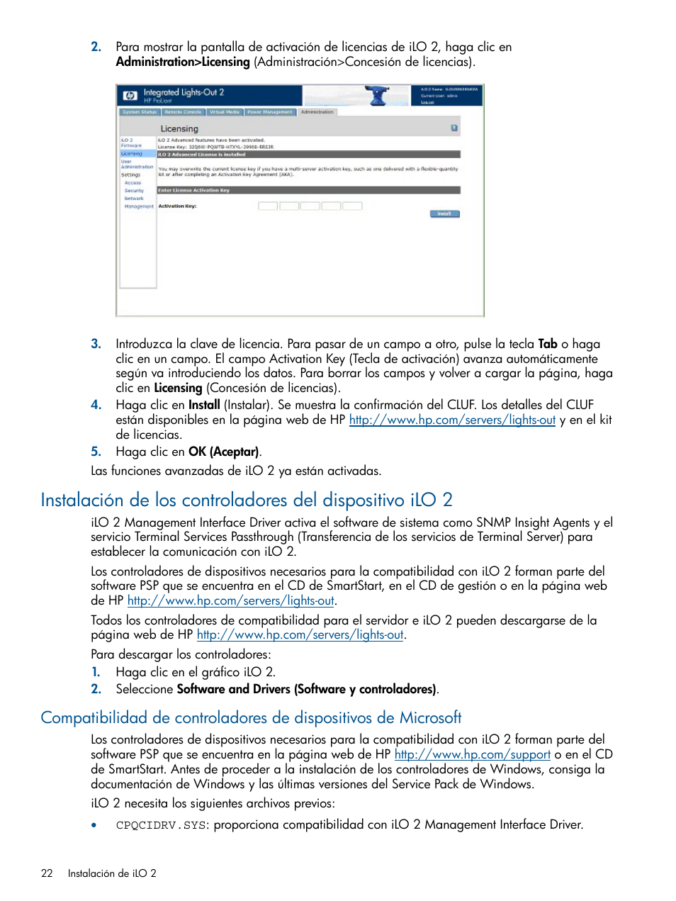 Instalación de los, Controladores del dispositivo ilo 2 | HP Integrated Lights-Out 2 User Manual | Page 22 / 250