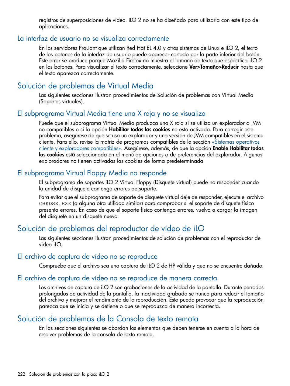 Solución de problemas de virtual media, El subprograma virtual floppy media no responde, El archivo de captura de vídeo no se reproduce | HP Integrated Lights-Out 2 User Manual | Page 222 / 250