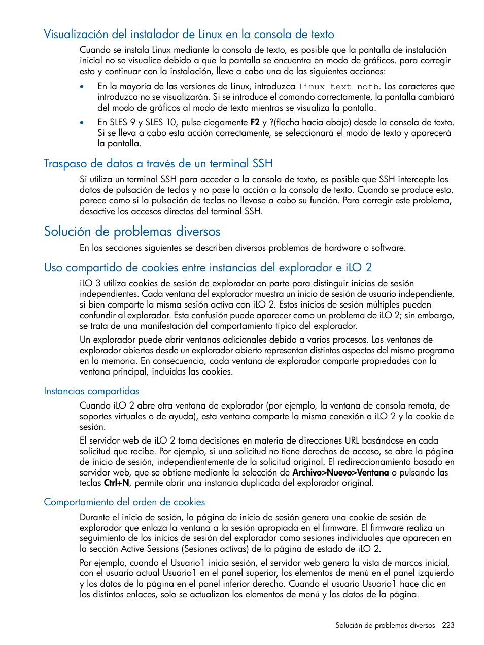 Traspaso de datos a través de un terminal ssh, Solución de problemas diversos, Instancias compartidas | Comportamiento del orden de cookies | HP Integrated Lights-Out 2 User Manual | Page 223 / 250