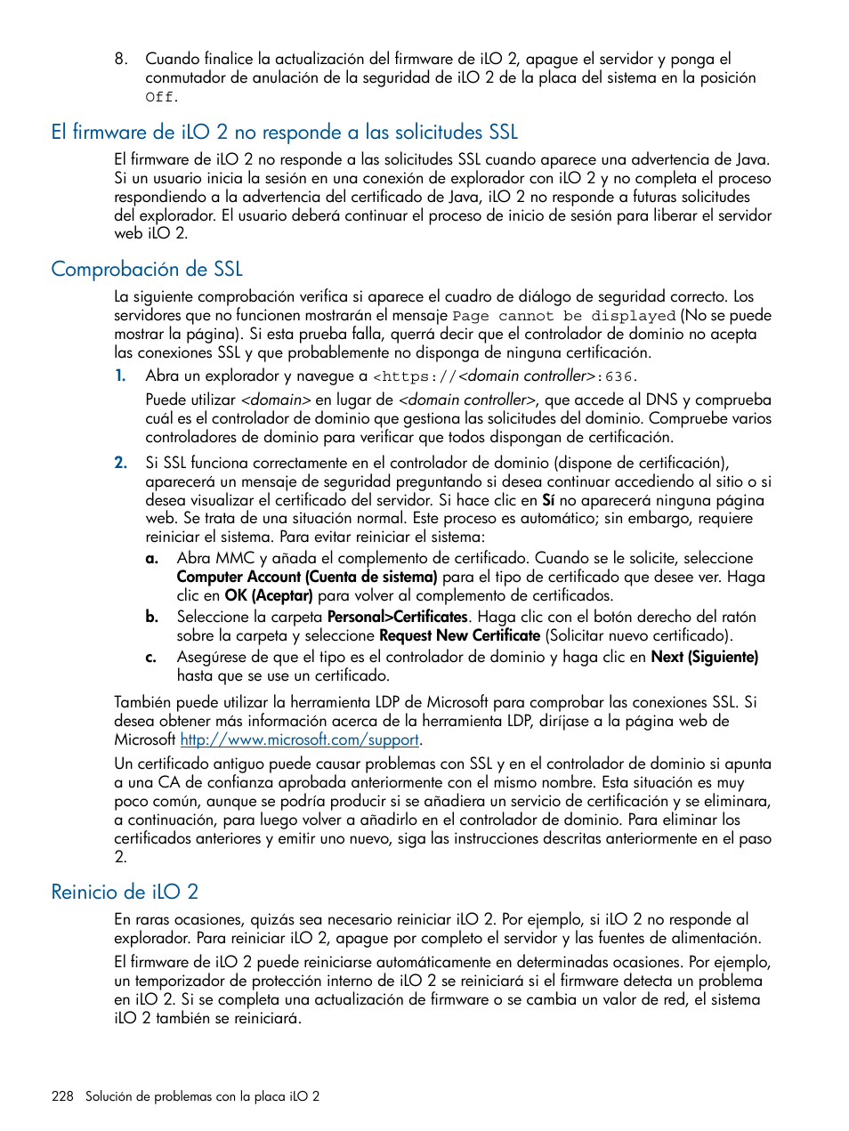 Comprobación de ssl, Reinicio de ilo 2 | HP Integrated Lights-Out 2 User Manual | Page 228 / 250