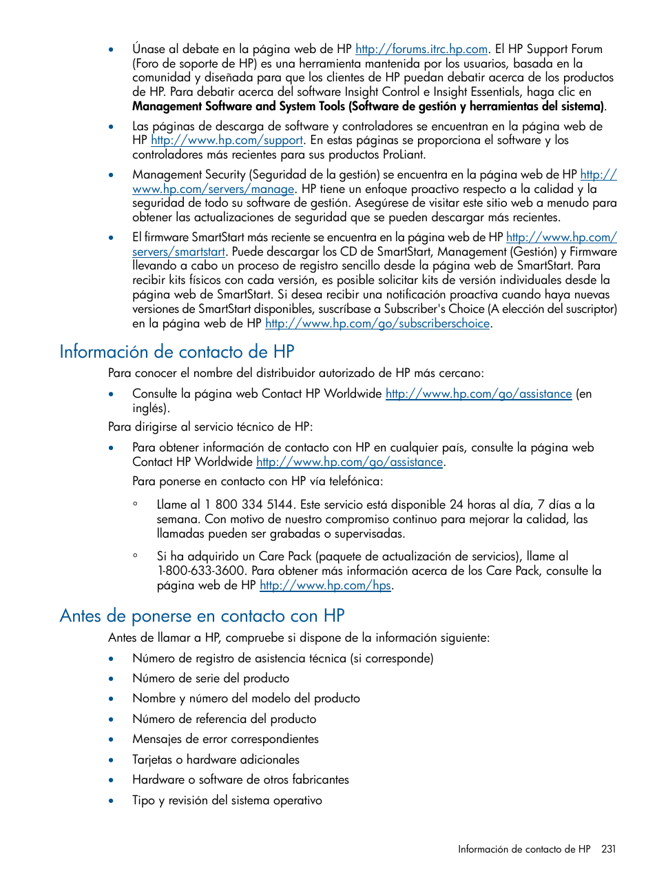 Información de contacto de hp, Antes de ponerse en contacto con hp | HP Integrated Lights-Out 2 User Manual | Page 231 / 250