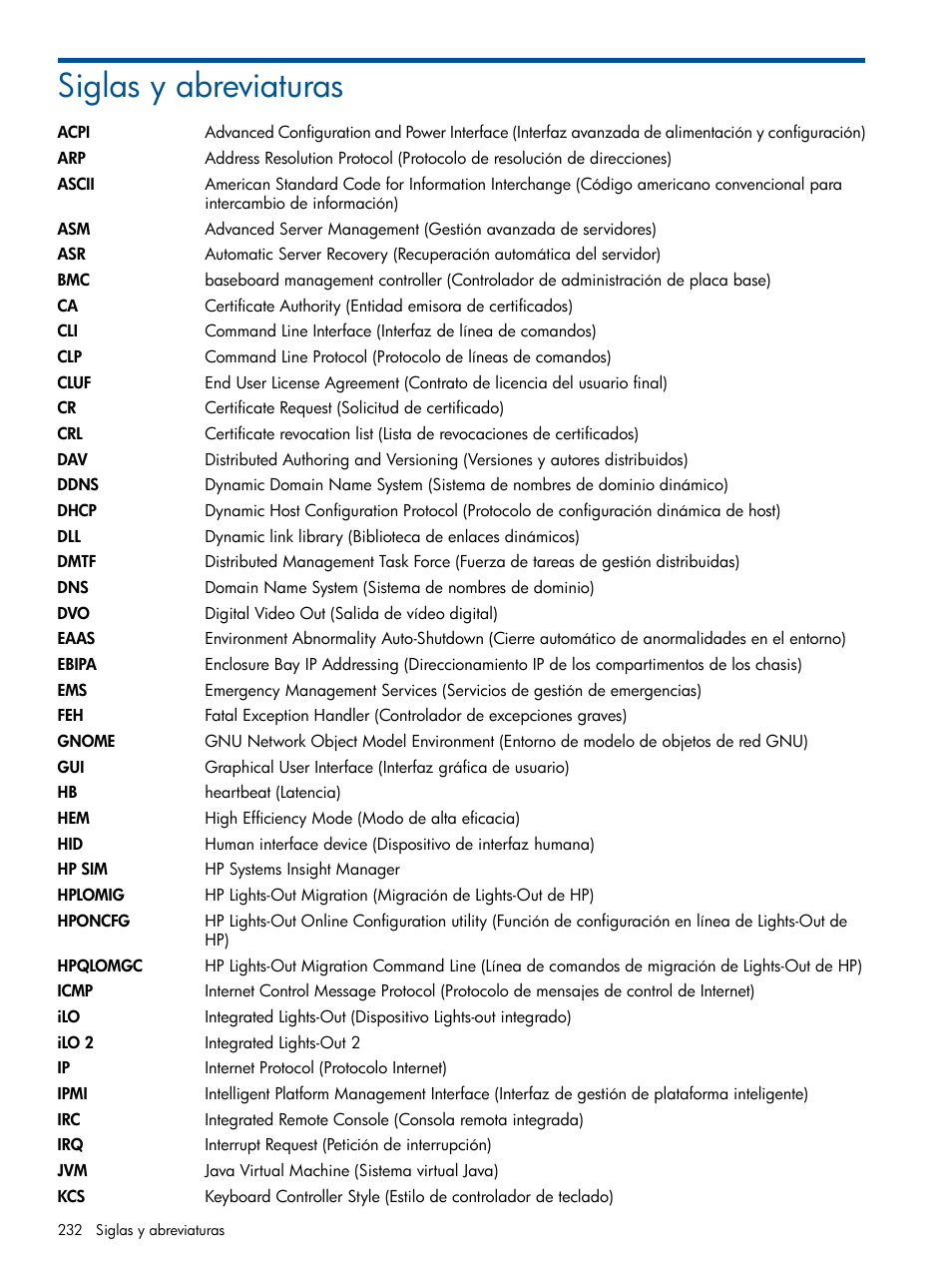 Siglas y abreviaturas | HP Integrated Lights-Out 2 User Manual | Page 232 / 250