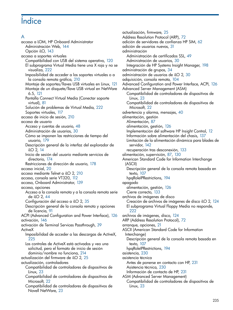 Índice | HP Integrated Lights-Out 2 User Manual | Page 235 / 250