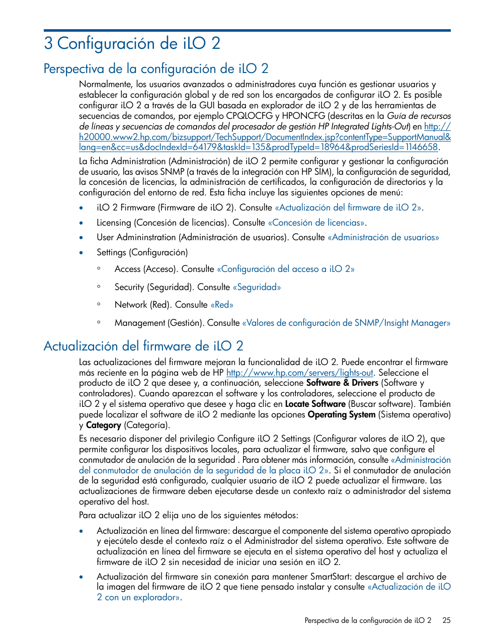 3 configuración de ilo 2, Perspectiva de la configuración de ilo 2, Actualización del firmware de ilo 2 | Capítulo 3, «configuración de ilo 2 | HP Integrated Lights-Out 2 User Manual | Page 25 / 250