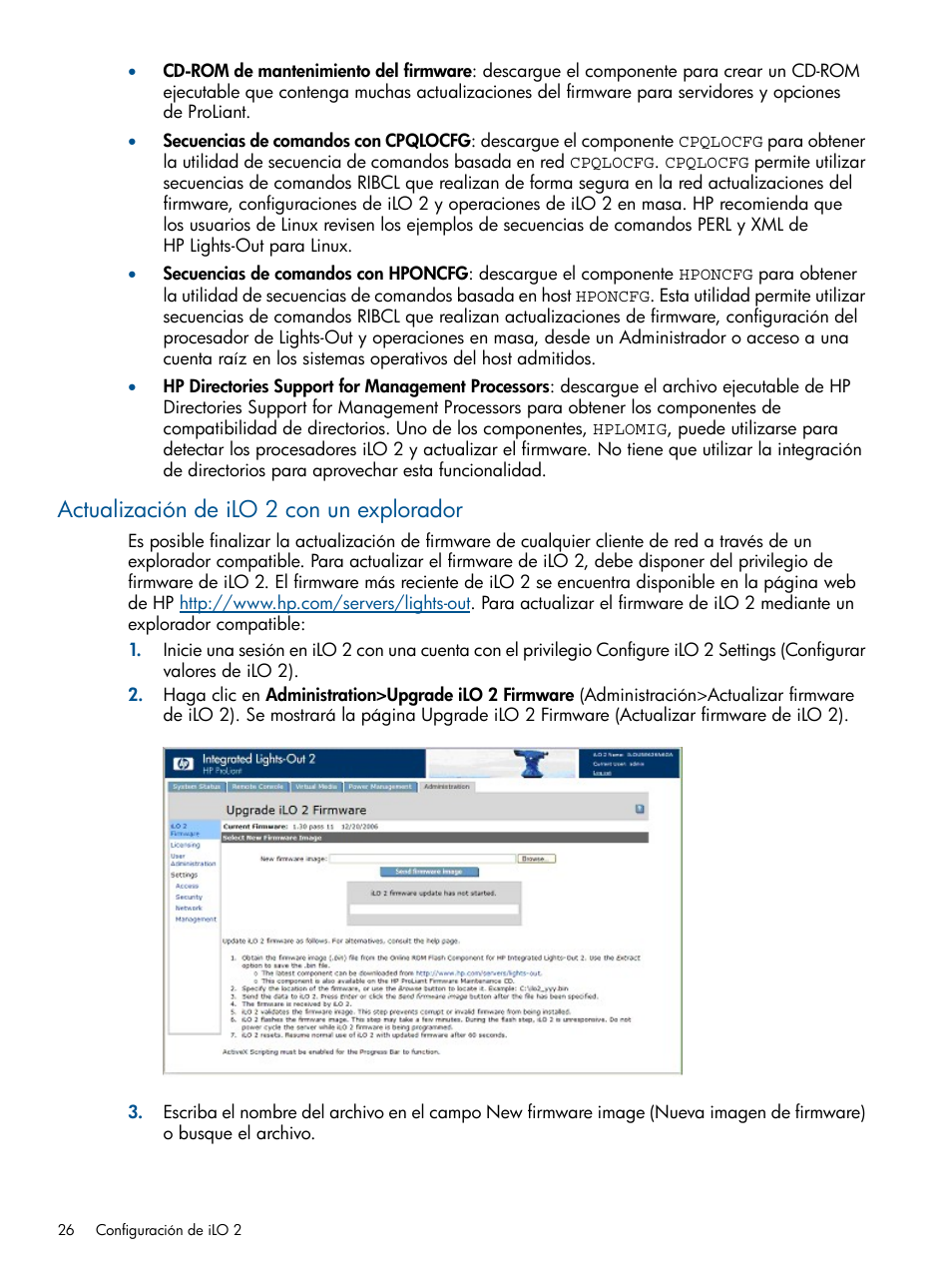 Actualización de ilo 2 con un explorador, Actualización de ilo, 2 con un explorador | HP Integrated Lights-Out 2 User Manual | Page 26 / 250