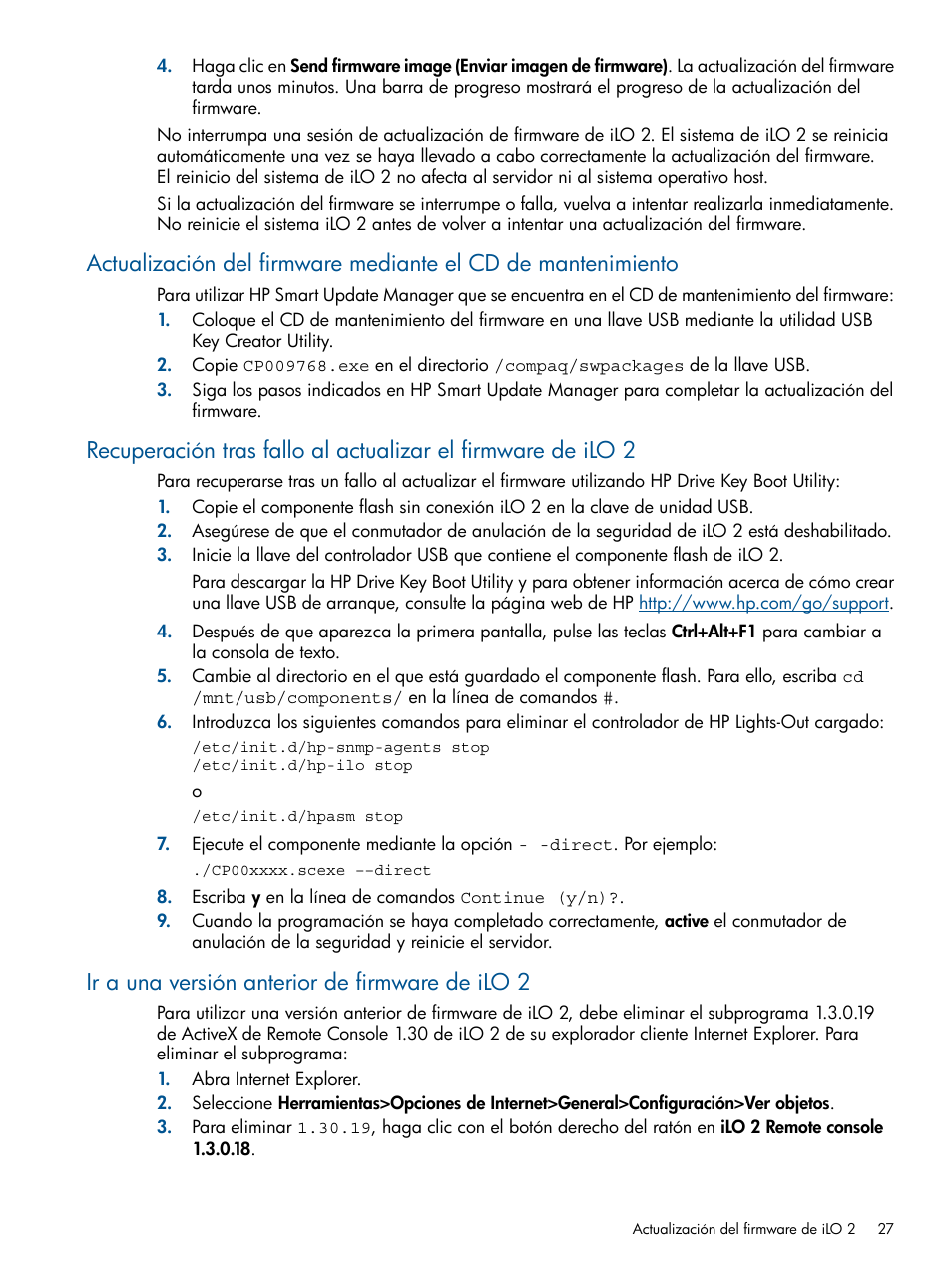 Ir a una versión anterior de firmware de ilo 2 | HP Integrated Lights-Out 2 User Manual | Page 27 / 250