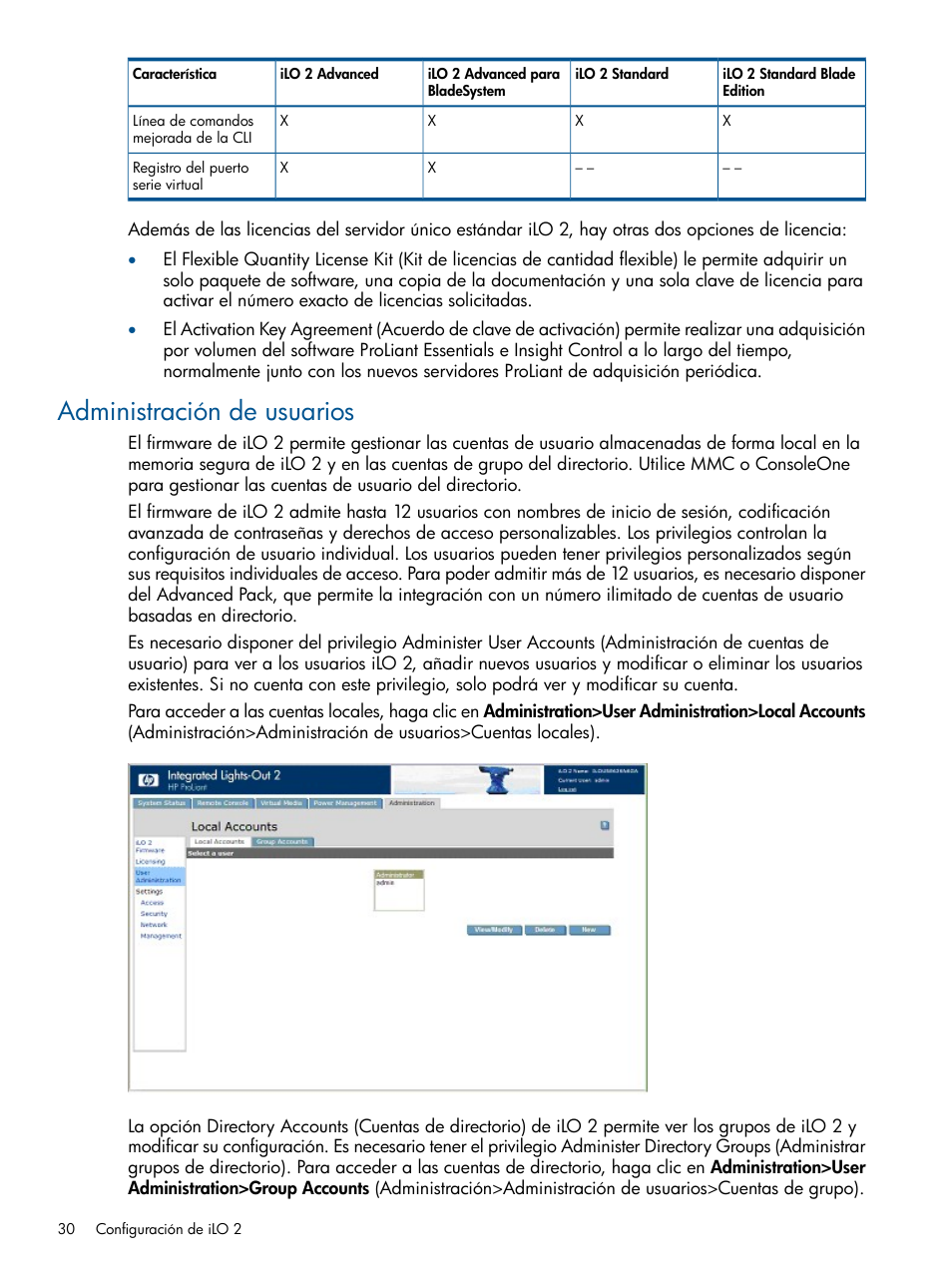 Administración de usuarios | HP Integrated Lights-Out 2 User Manual | Page 30 / 250