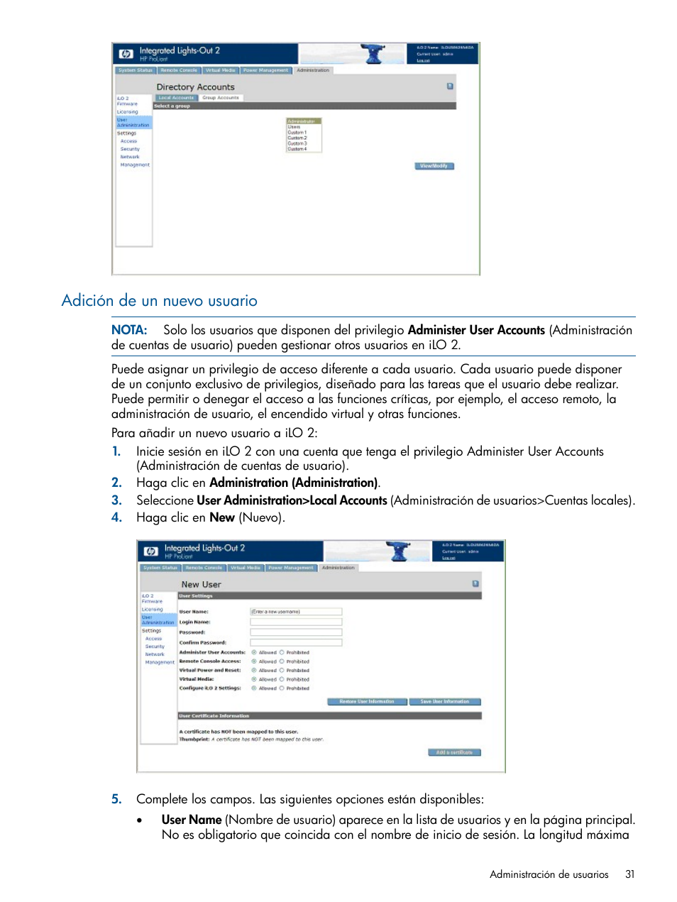 Adición de un nuevo usuario | HP Integrated Lights-Out 2 User Manual | Page 31 / 250