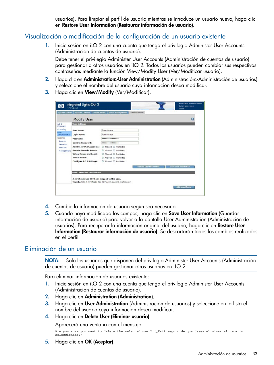 Eliminación de un usuario | HP Integrated Lights-Out 2 User Manual | Page 33 / 250